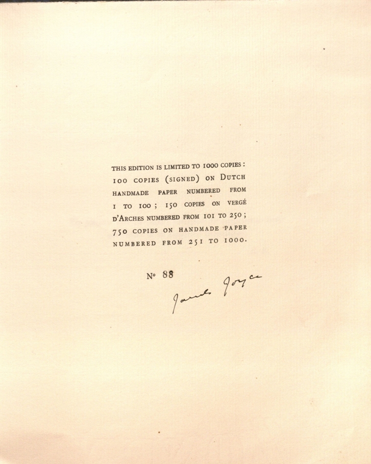 Limitation page of the first edition of Ulysses (1922), copy #88 of 100 signed by Joyce