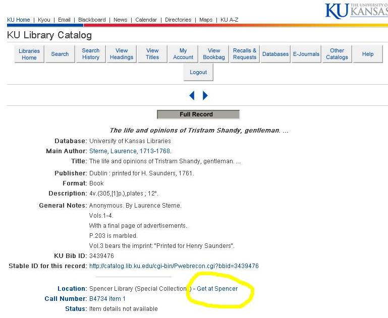 Image of Online catalog record with "Get at Spencer" link highlighted