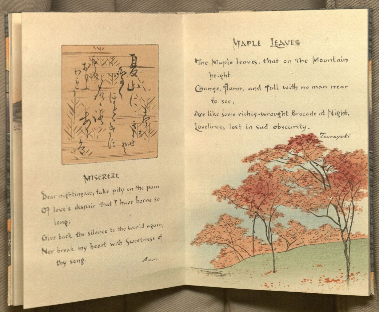 Image of opening for the poems "misere" and "Maple Leaves" from volume 1 of Sword and Blossom Poems