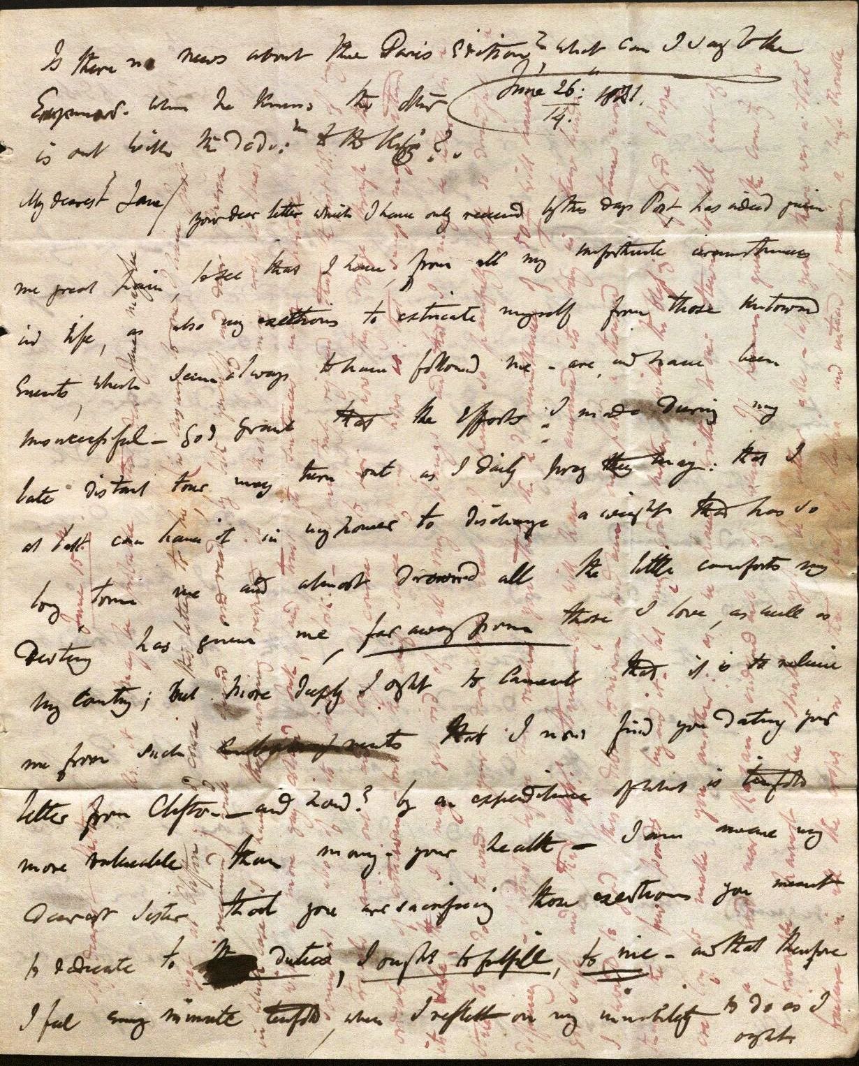 Image of the first page of a crossed Letter from Robert Ker Porter to his sister Jane and his Mother, June 1821
