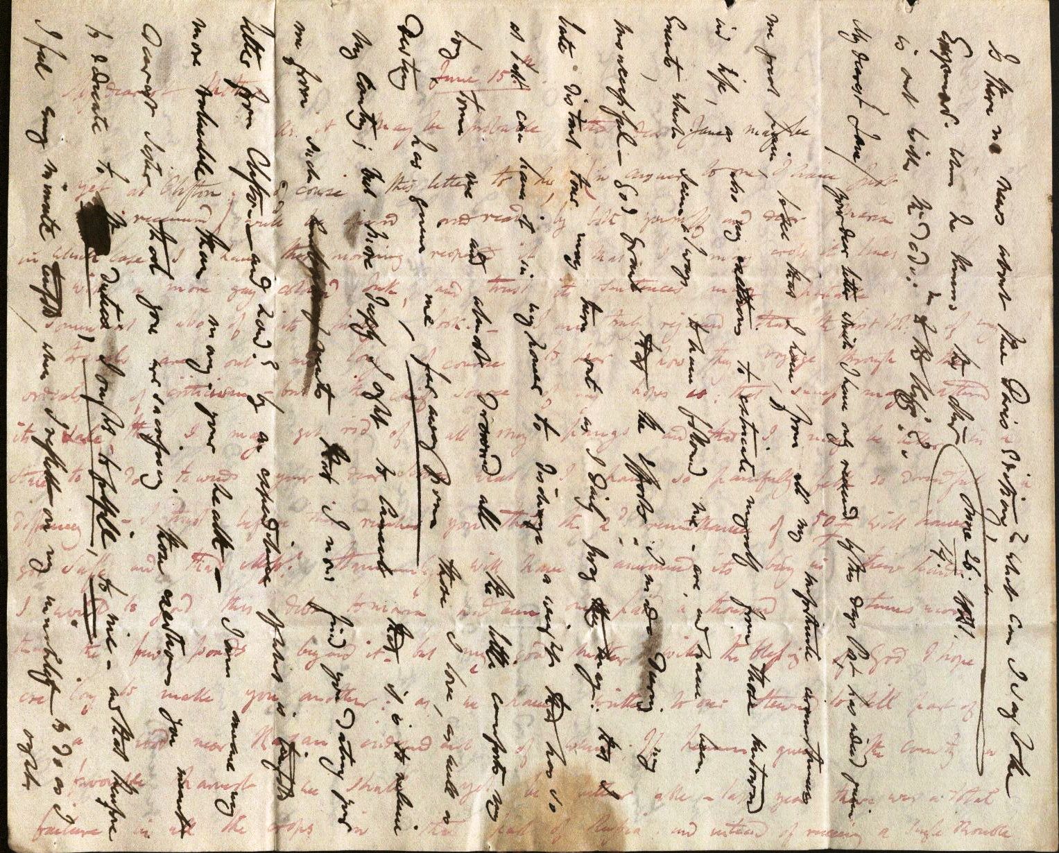 Image of the first page of a crossed Letter from Robert Ker Porter to his sister Jane and his Mother, June 14, 15, 26, 1821. Rotated 90 degrees to facilitate reading the portion of the letter in red ink.