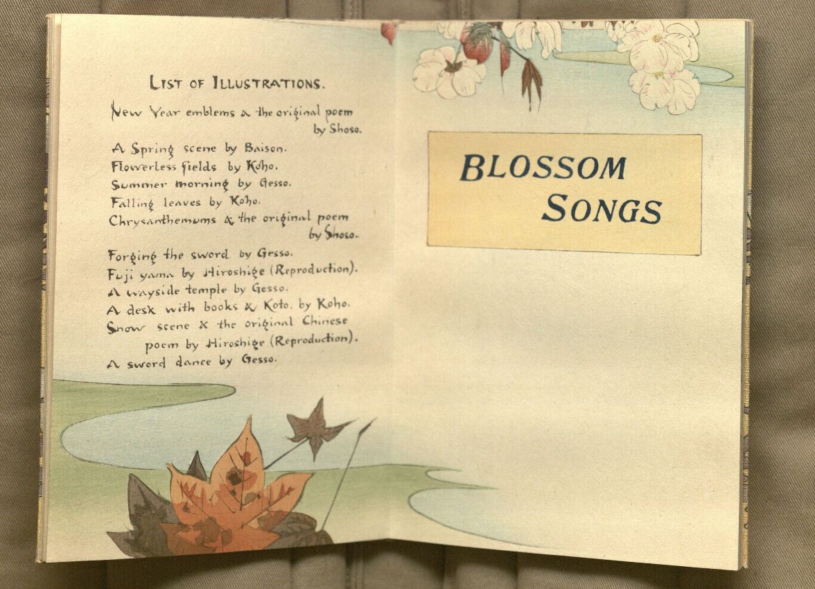Picture of Blossom Songs half title with list of illustrations from volume 2