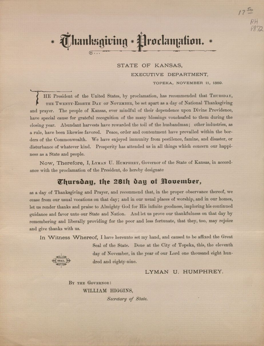 Image of Thanksgiving Proclamation, Kansas 1889