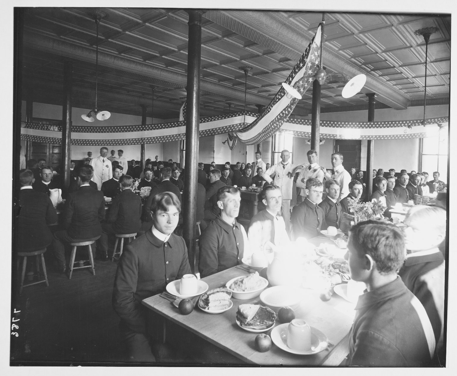 Image: Men Gathered in 20th Battery Dining Hall, Fort Riley, for Thanksgiving Dinner.  1904. 