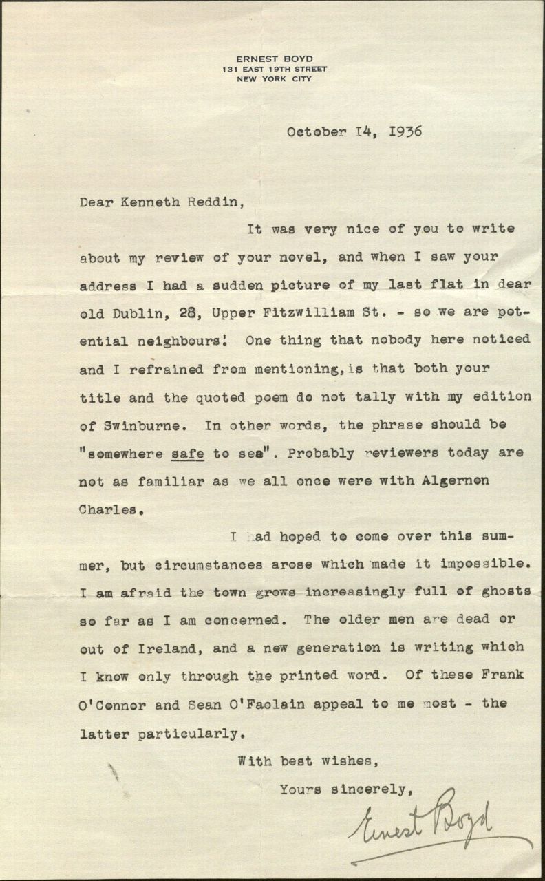 Image of Letter from Ernest Boyd to Kenneth Reddin, October 14, 1936.