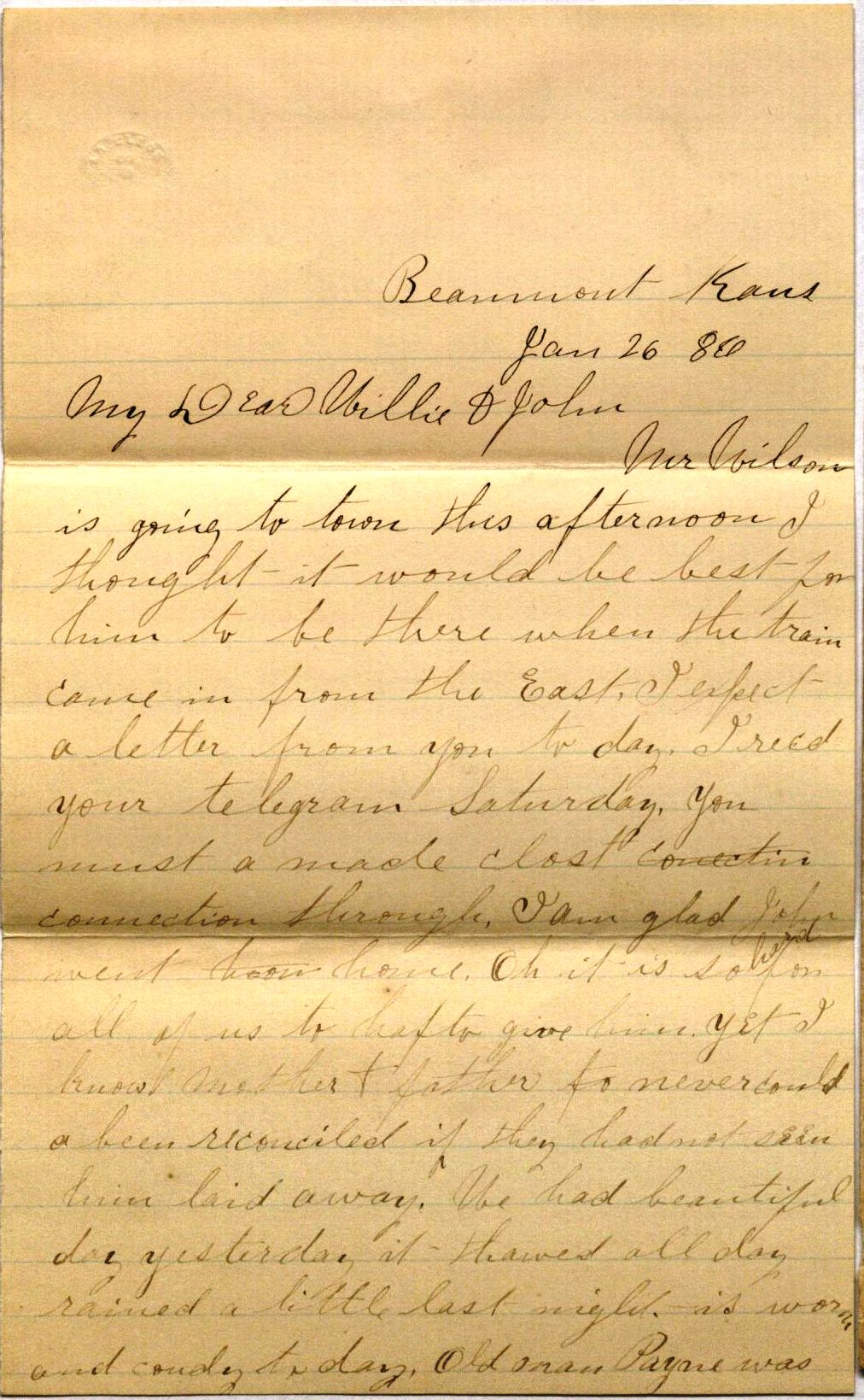 Image of Letter from Jennie Johnson to Will Johnson, January 26, 1886