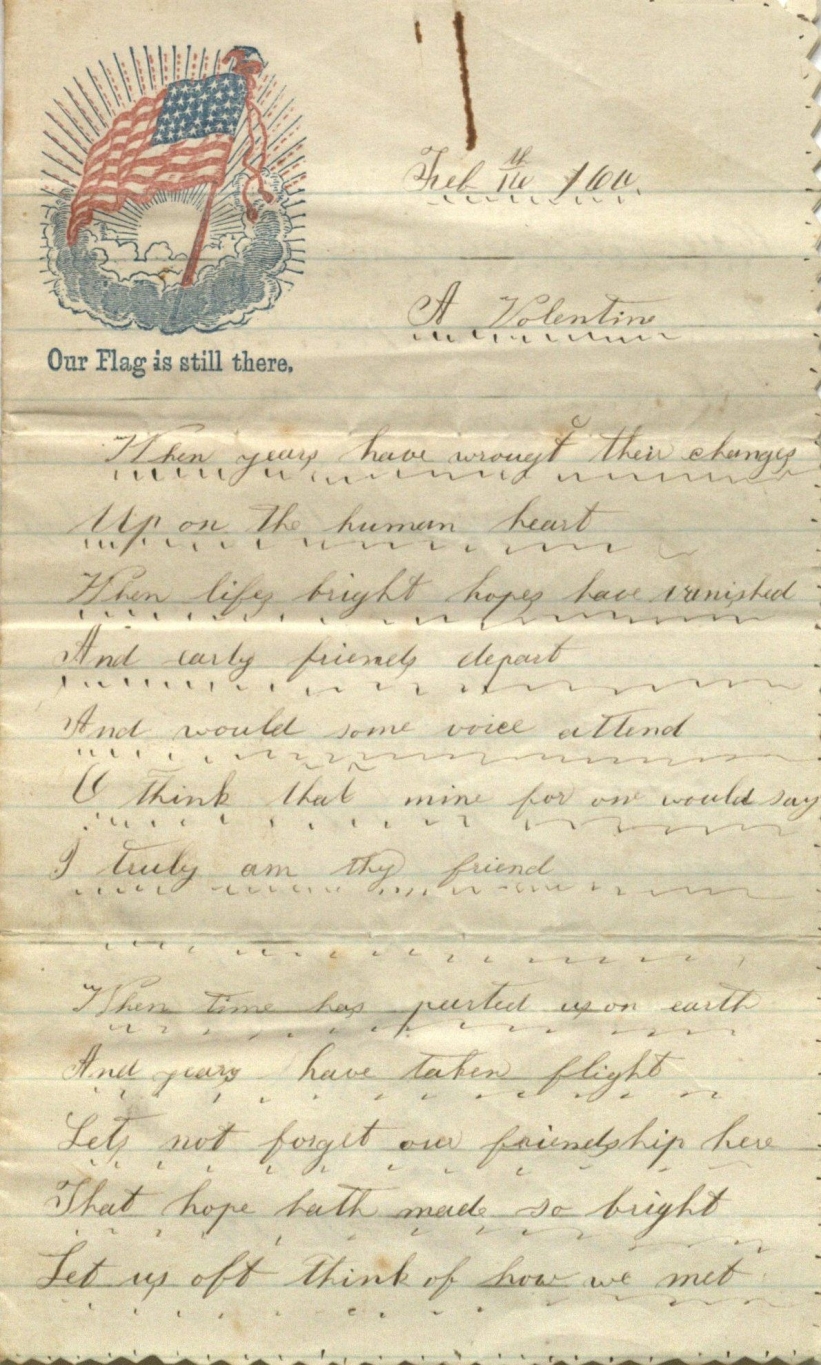 Photograph of poem manuscript, "A Valentine" (1 of 2)