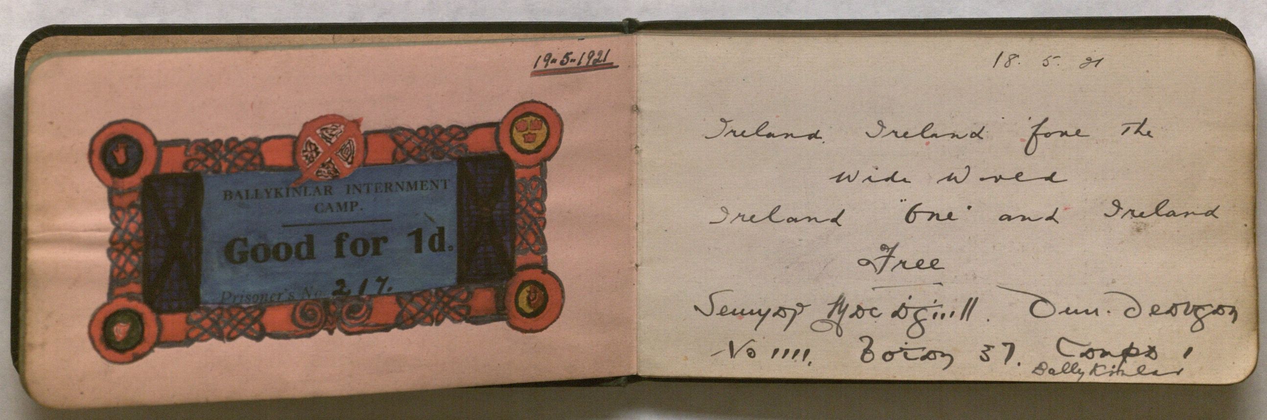 Image of the Autograph Book open to an embellished credit ticket and an inscription bearing a patriotic sentiment.