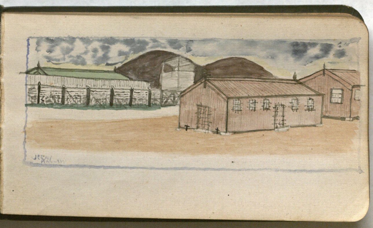 Image of a page containing a sketch of the camp's huts.