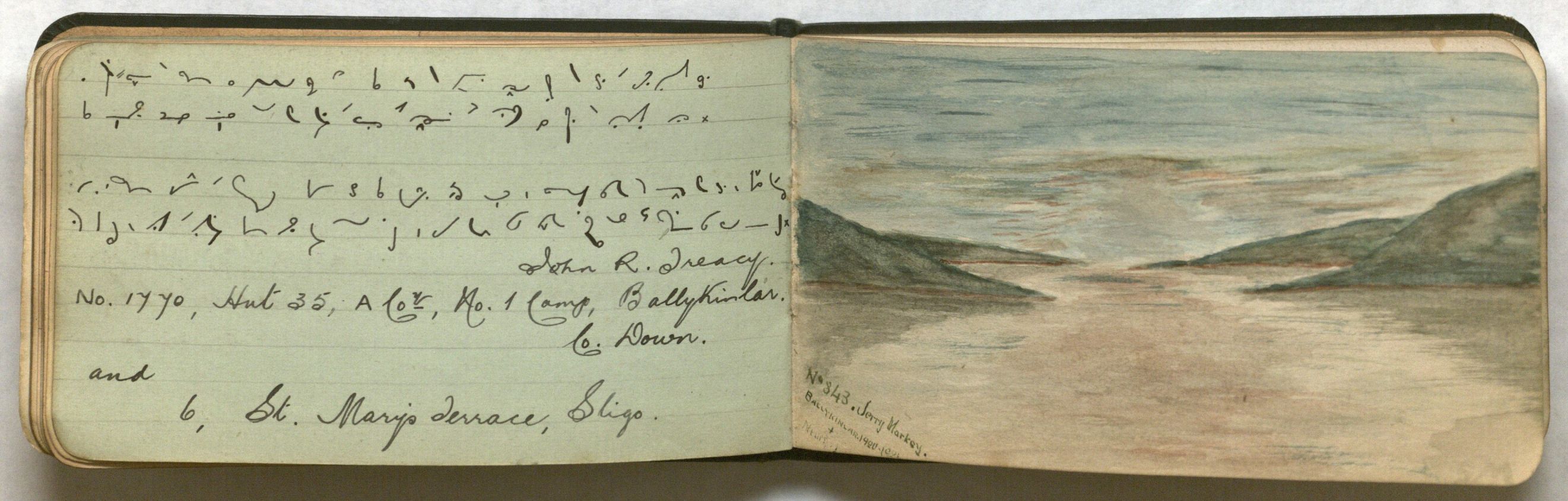Photograph of an opening featuring an inscription in shorthand and a sketch. 