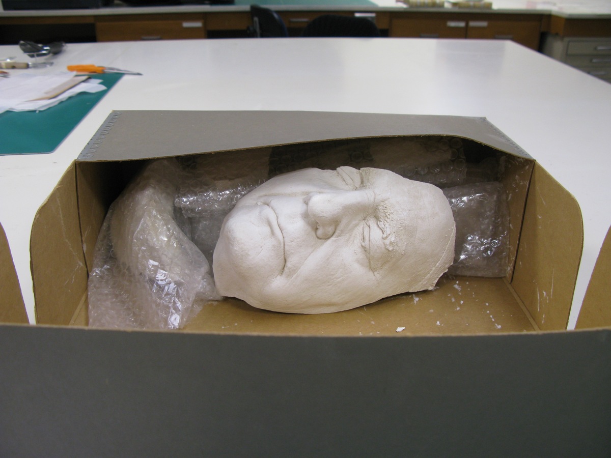 Photograph of plaster mask prior to rehousing.