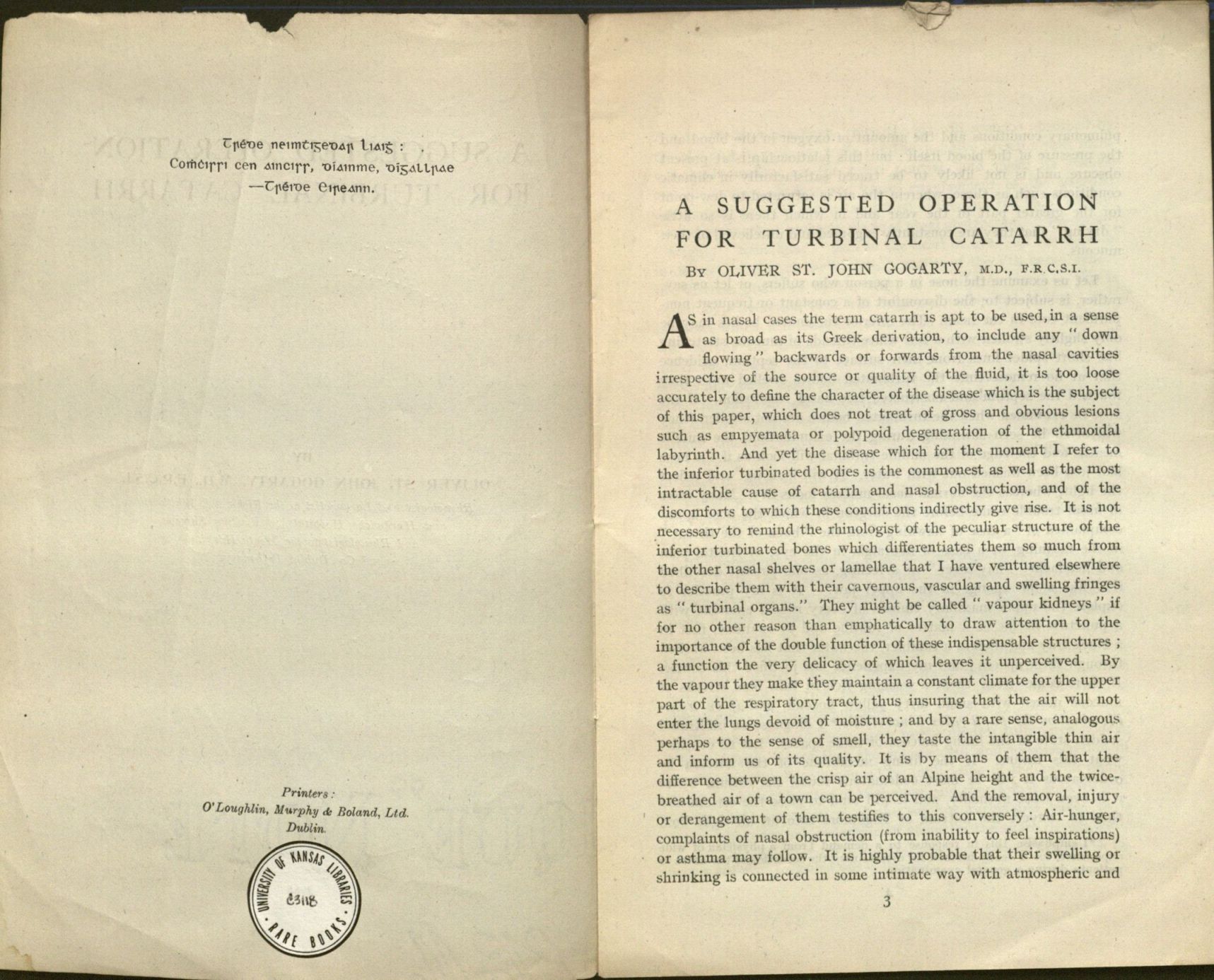 Image of the medical pamphlet, "A Suggested Operation for Turbinal Catarrh" by Oliver St. John Gogarty