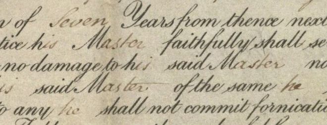 Image of a detail from a printed apprenticeship indenture with blanks to allow for either a master or mistress or a male or female apprentice