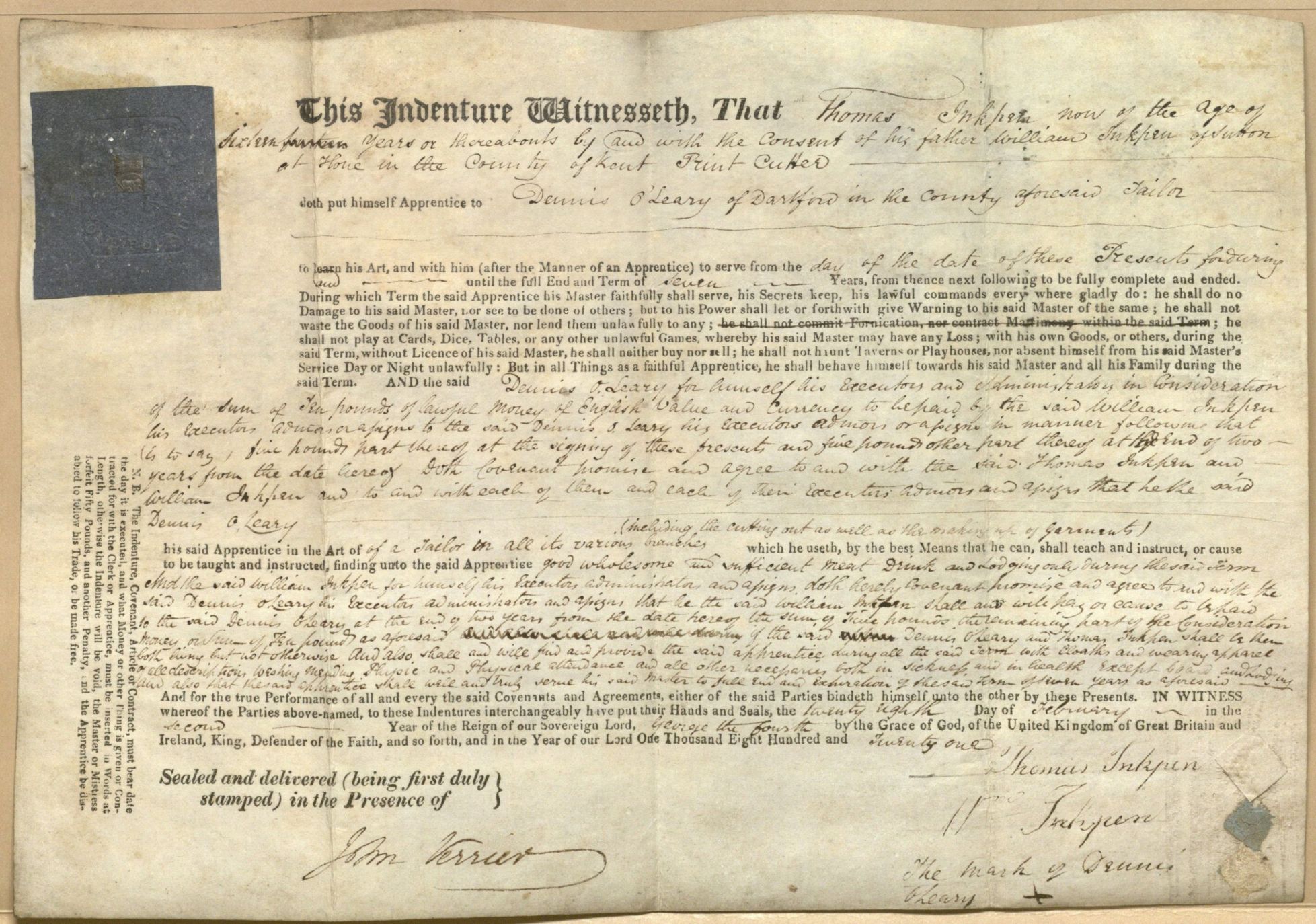 Image of an apprenticeship indenture with fornication/marriage clause struck out, 1821.