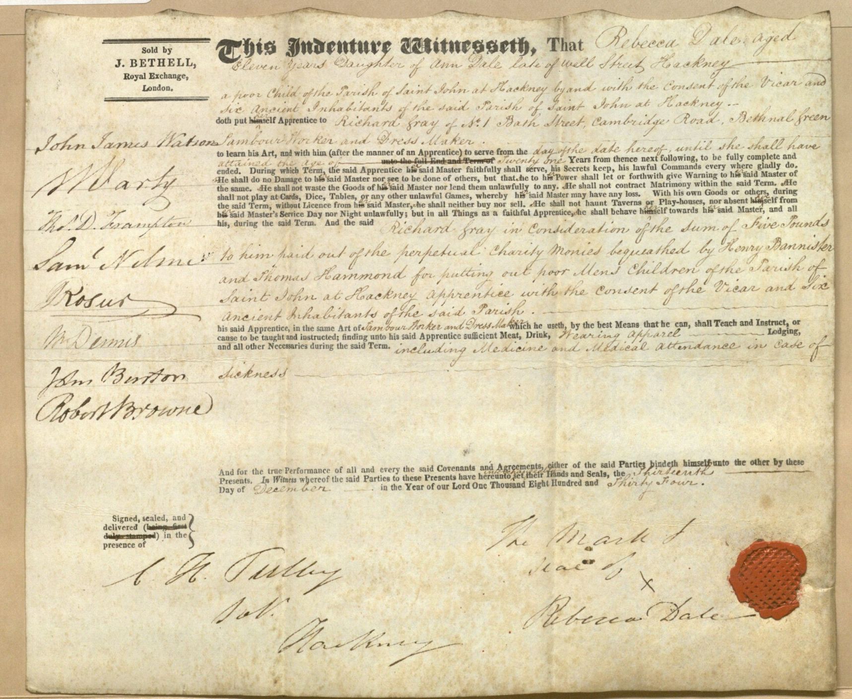 Image of an apprenticeship indenture form modified by hand for a female apprentice, 1834.