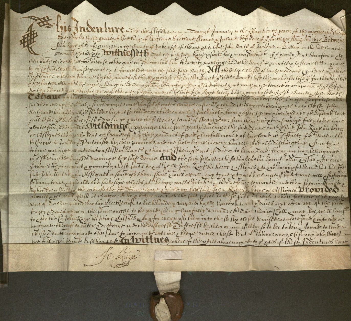 Image of a lease indenture from the Kaye Family Estate Papers, 1639