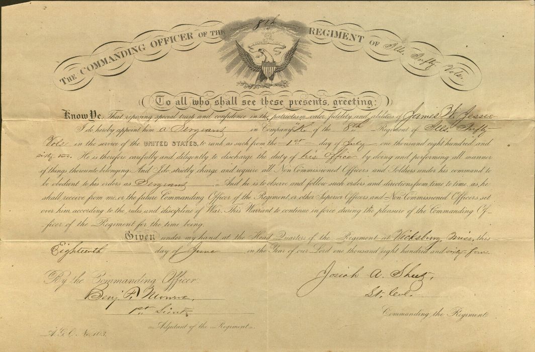 Photograph of James W. Jessee's military promotion appointment to Sergeant, Company "K" of the 8th Regiment of Illinois Infantry Volunteer, June 18, 1864.