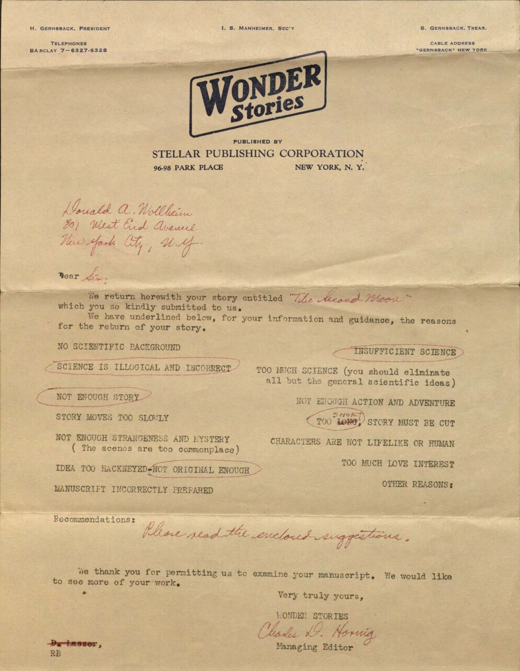 Image of Wonder Stories' form rejection letter for Wollheim's "The Second Moon", [1933]