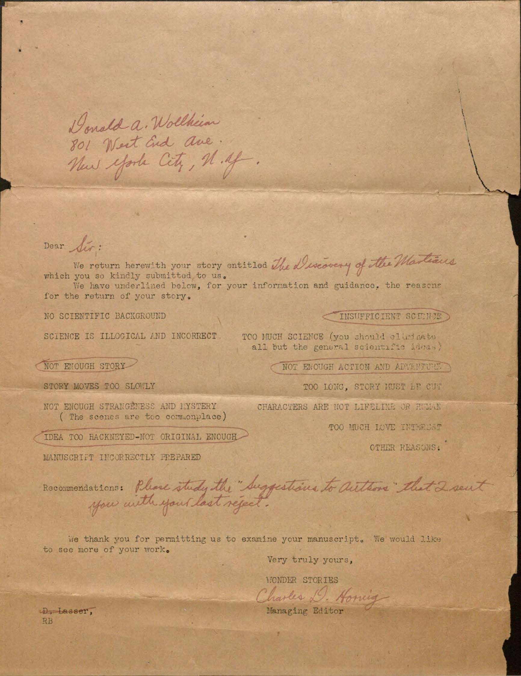 Image of Wonder Stories' form rejection letter for Wollheim's "The Discovery of the Martians", [1933].