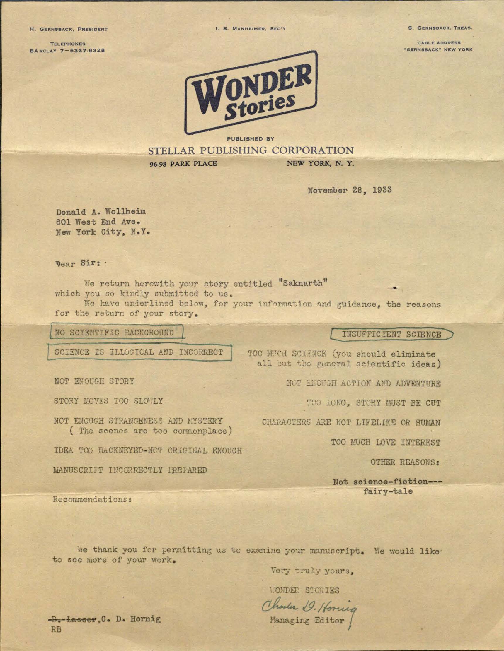 Image of Wonder Stories' form rejection letter for Donald A. Wollheim's "Saknarth," November 28, 1933.