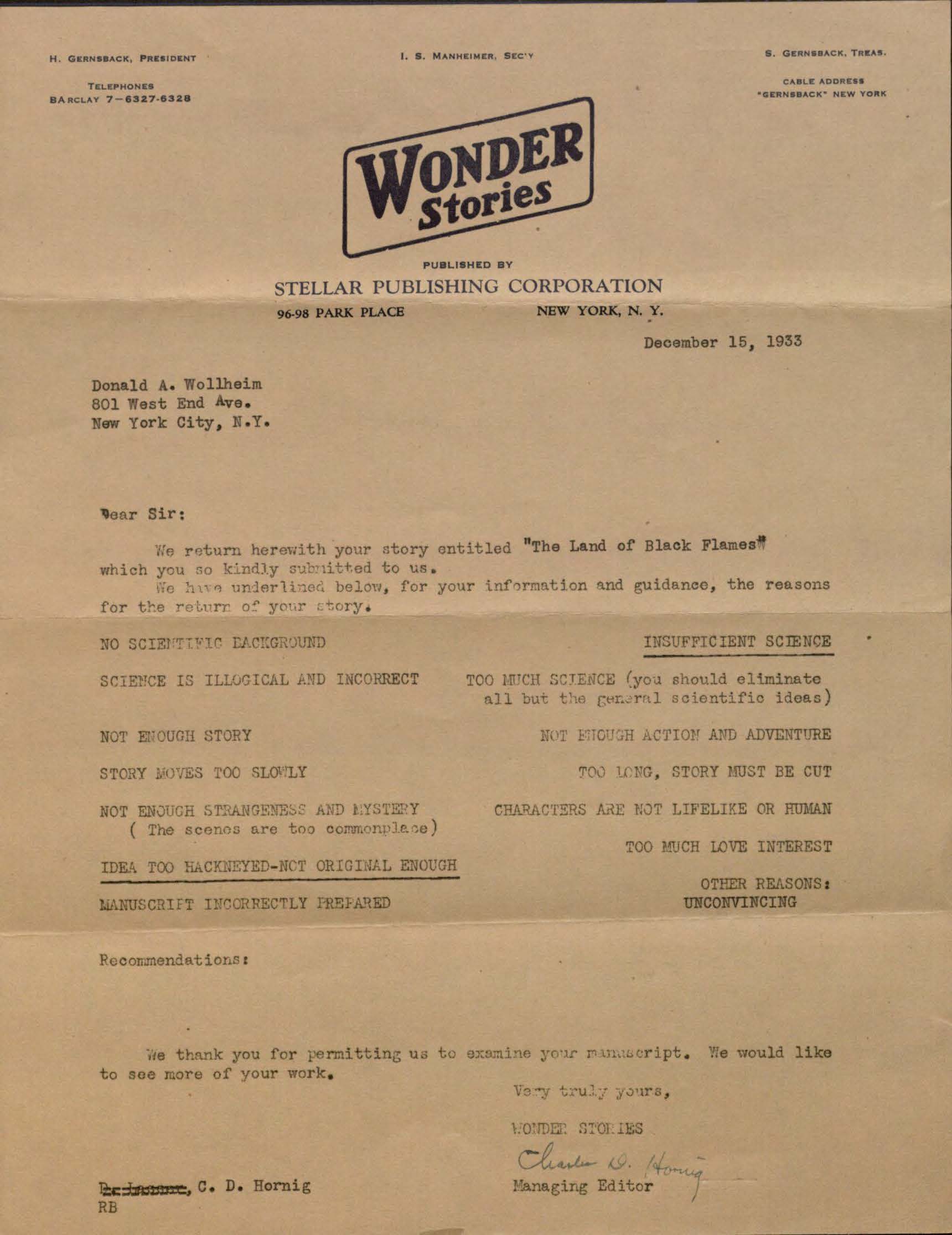 Image of Wonder Stories' form rejection letter for Donald A. Wollheim's "The Land of Black Flames," December 15, 1933.