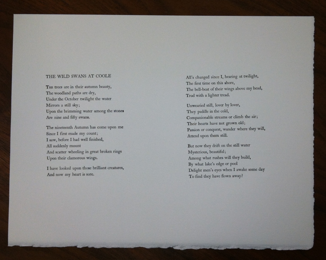 Image of the printed text of the poem "The Image of the printed text of Yeats's poem, "The Wild Swans at Coole."  