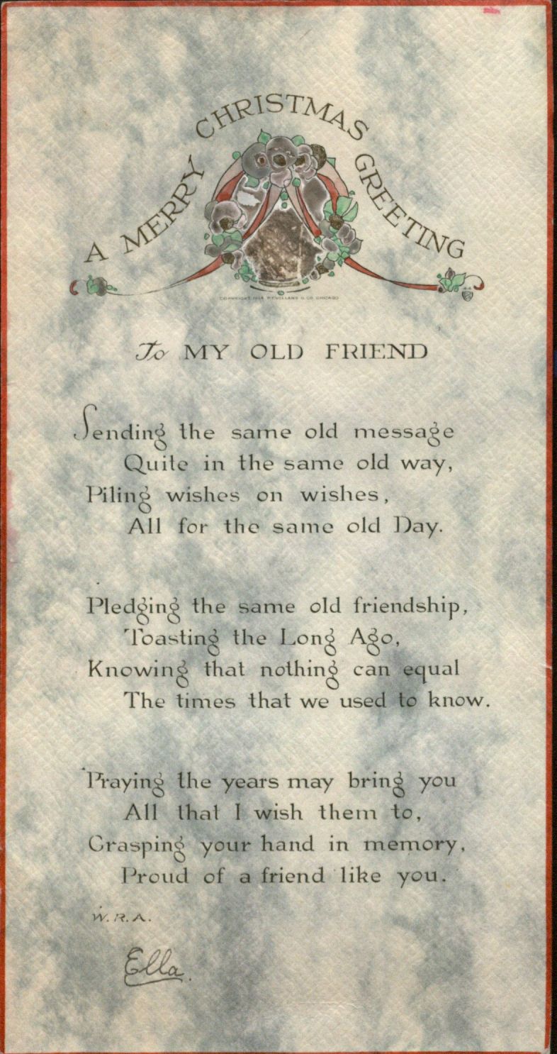 Christmas Greeting with printed poem, "To My Old Friend," 1917