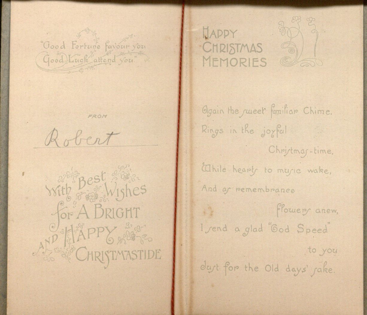 "With Best Wishes for a Bright and Happy Christmastide;" Holiday card, interior (from "Robert"), undated.