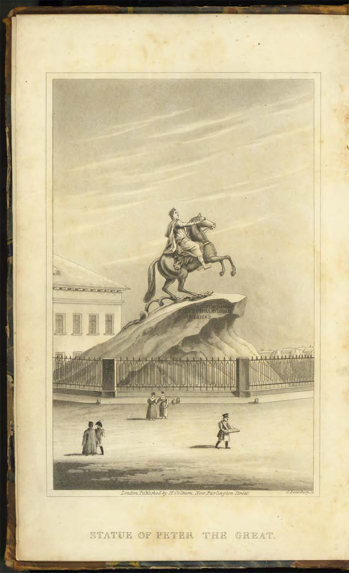 Frontispiece illustration of the statue, "The Bronze Horseman," (i.e. Peter, the Great) from Granville's " St. Petersburg. A journal of travels to and from that capital." (1829, 2nd Edition)