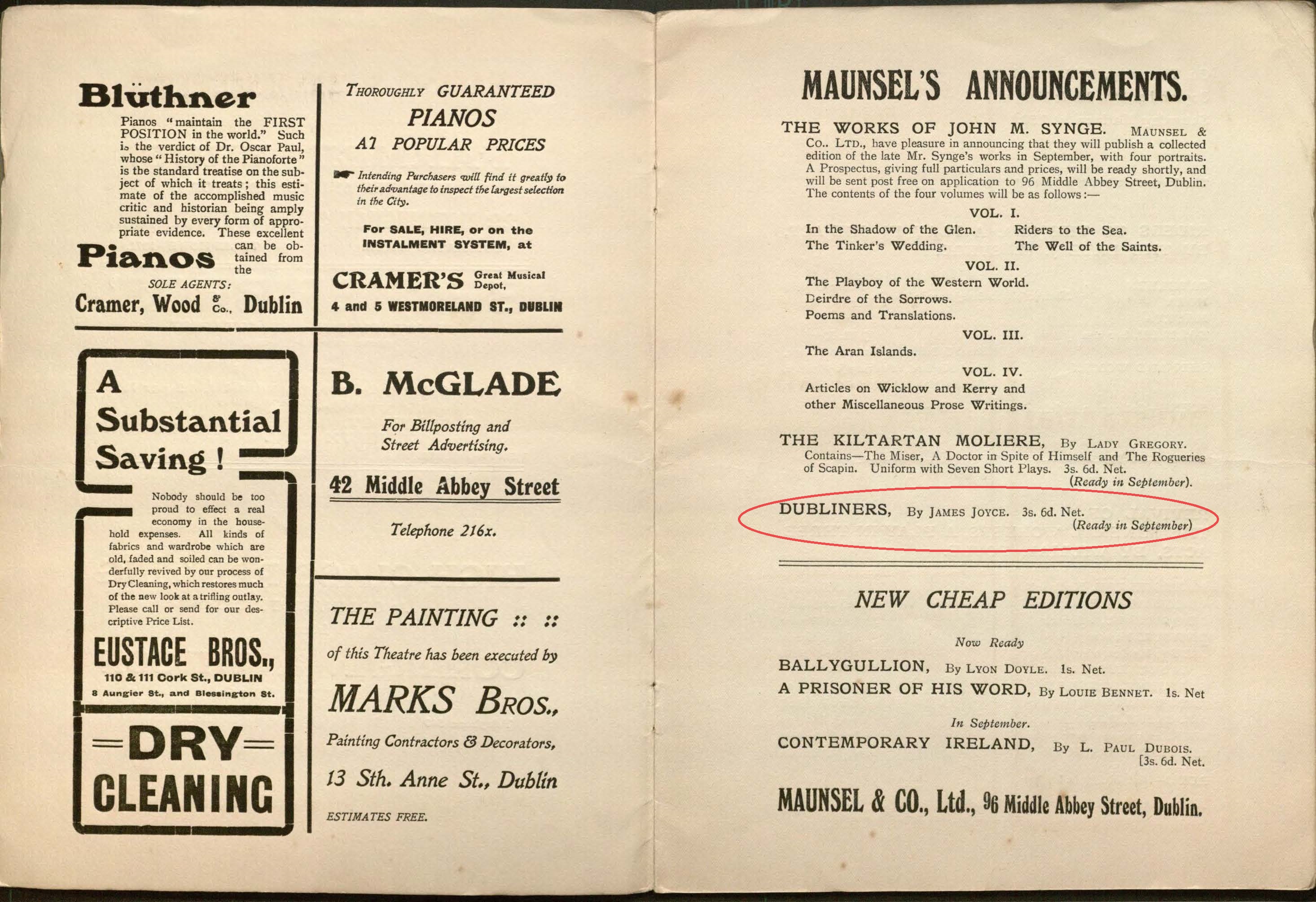 Abbey Theatre Programme, 1910, open to Dubliners Ad (circled).