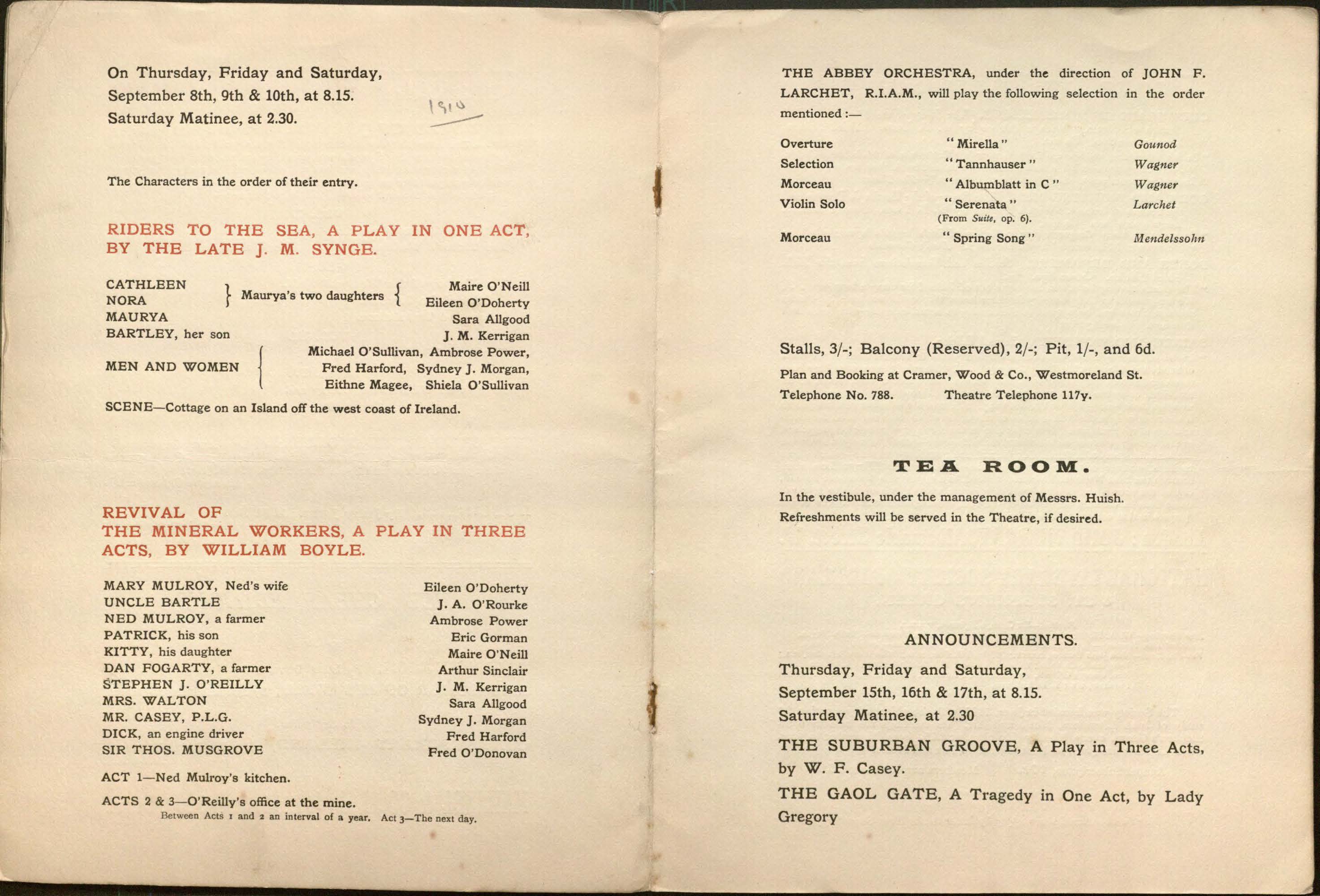 Abbey Theatre Programme, 1910, open to play credit lists.