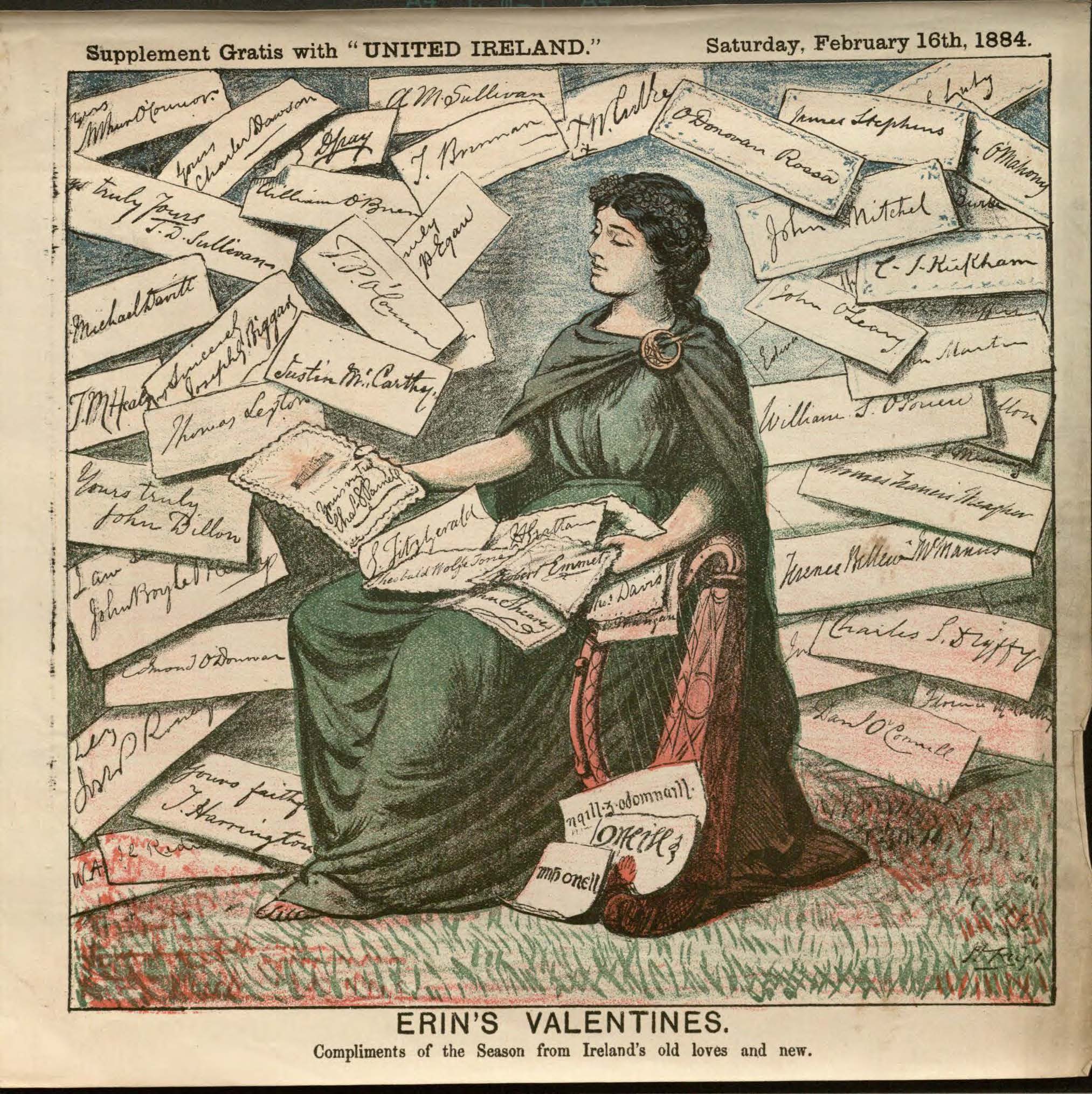 Image of Color Supplement from United Ireland, Cartoon featuring valentines to Erin (Ireland), February 16, 1884.
