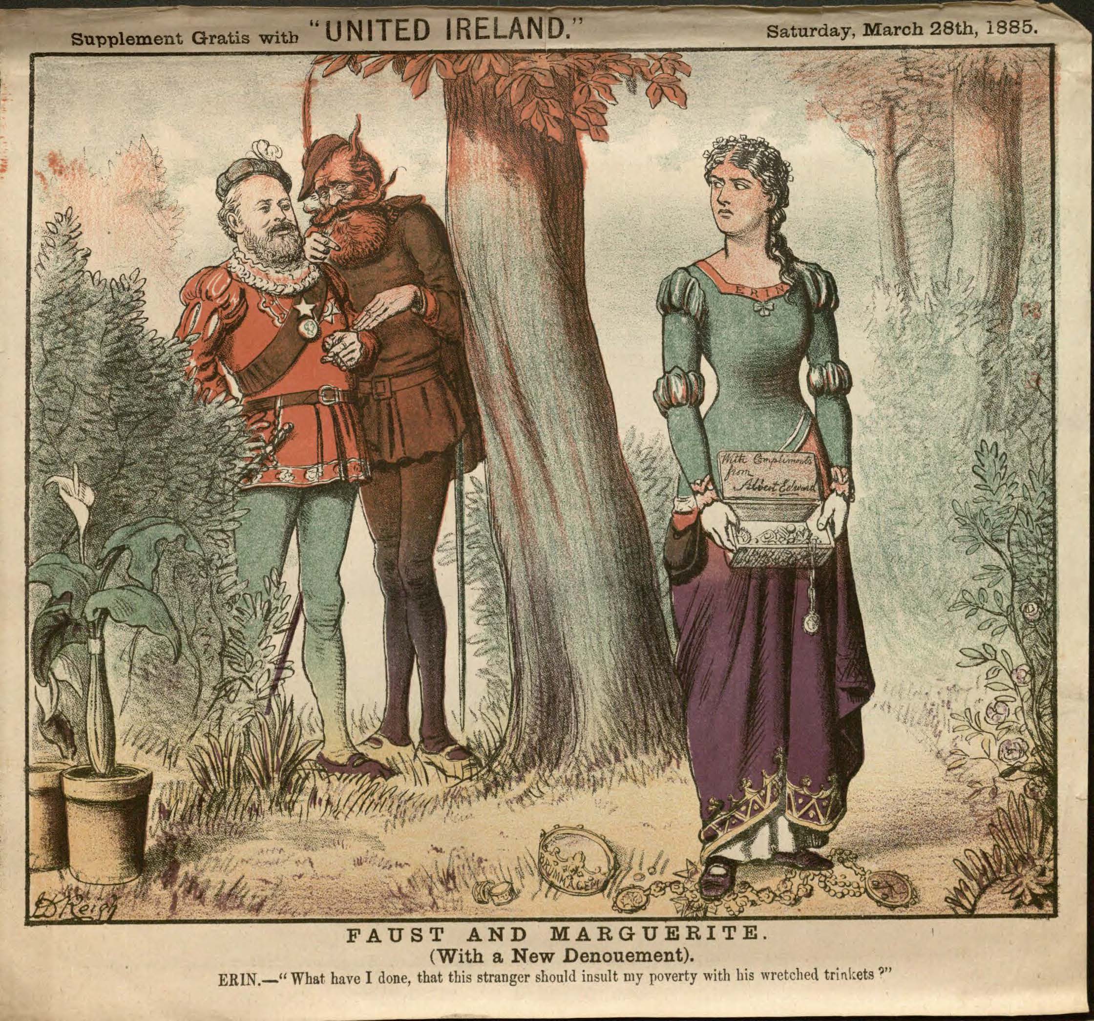 Image of Color Supplement from United Ireland, Cartoon featuring "Erin" and Earl Spencer, March 28, 1885