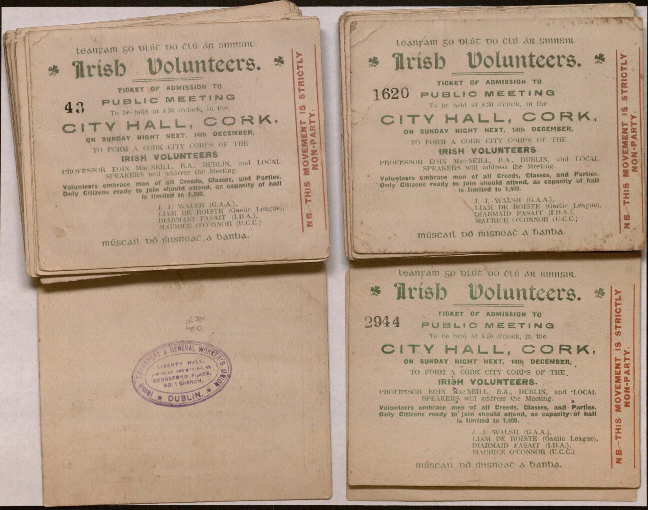 Image of a set of tickets to an Irish Volunteers public meeting, December 14 (1913), City Hall, Cork.