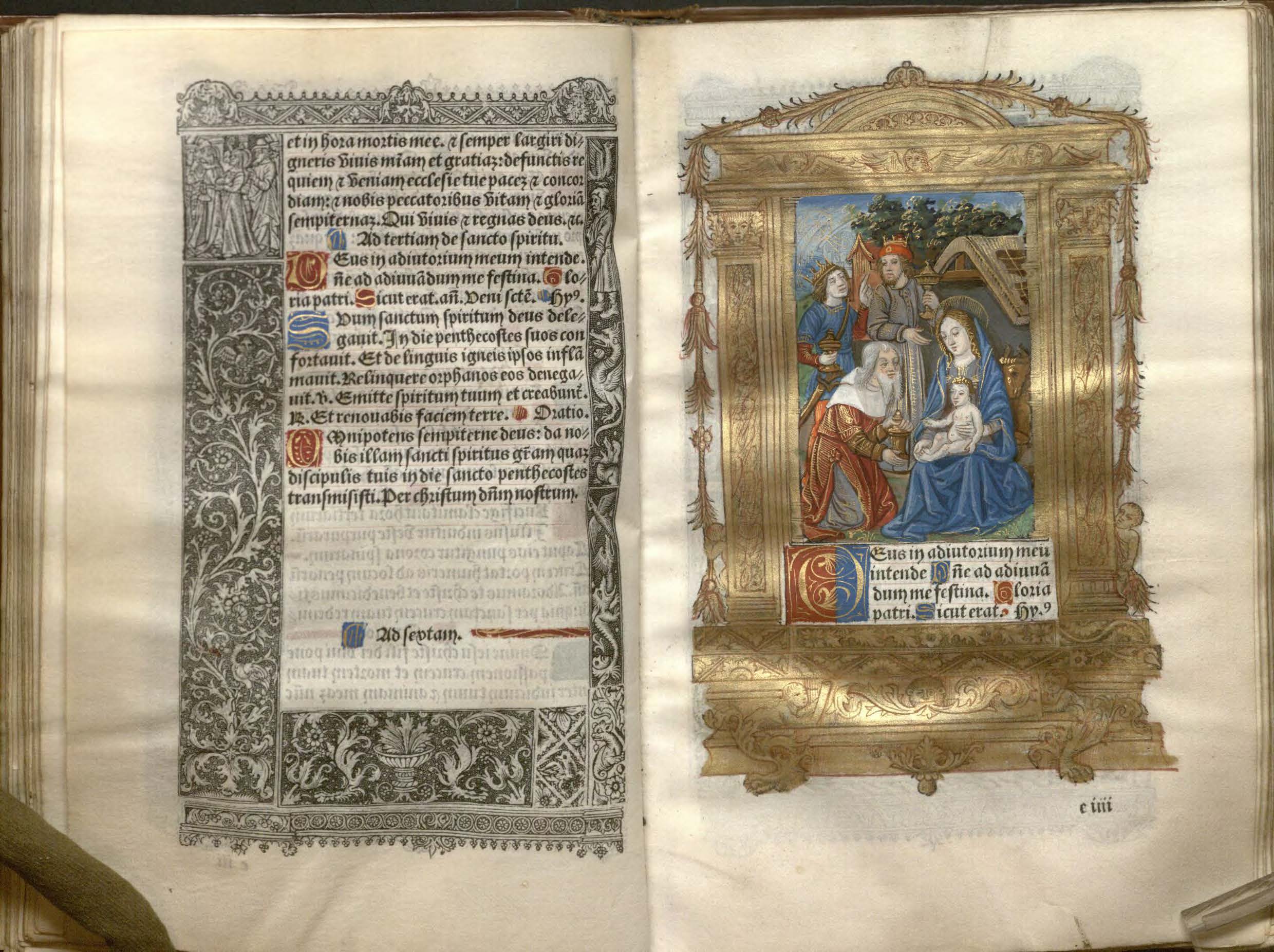 Image of an Opening featuring a miniature of the Adoration of the Magi in a Printed Book of Hours, ca. 1505.