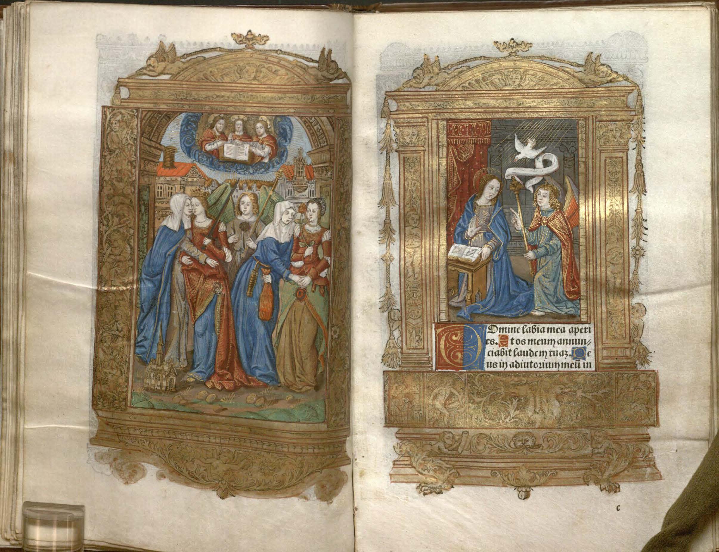 Image of a printed books of hours at an opening with two miniatures.