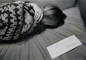 Photograph of a student sleeping with note, 1970s.