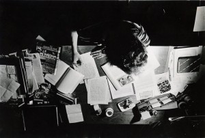 Overhead photograph of student studying, 1981-1982.