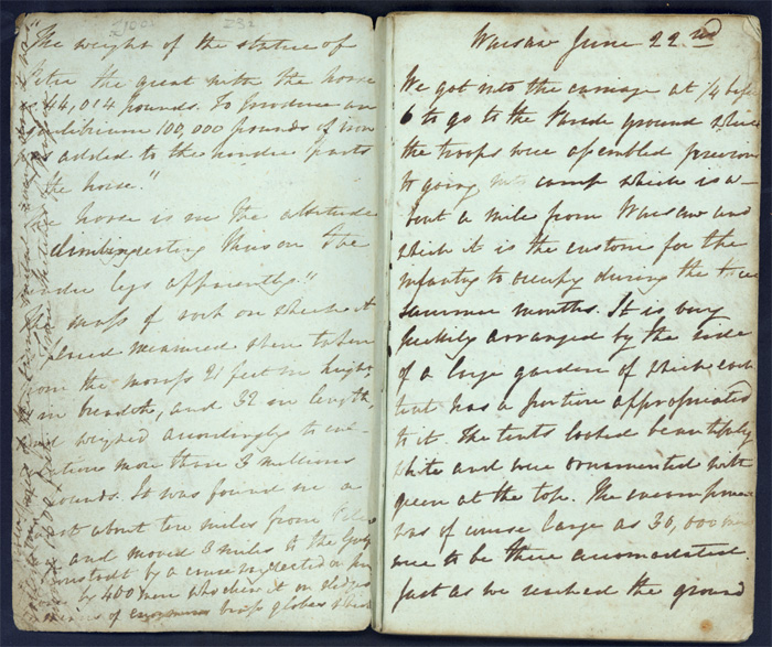 Image of a page from the diary of an English woman open to entry for Warsaw, June 22, 1828.