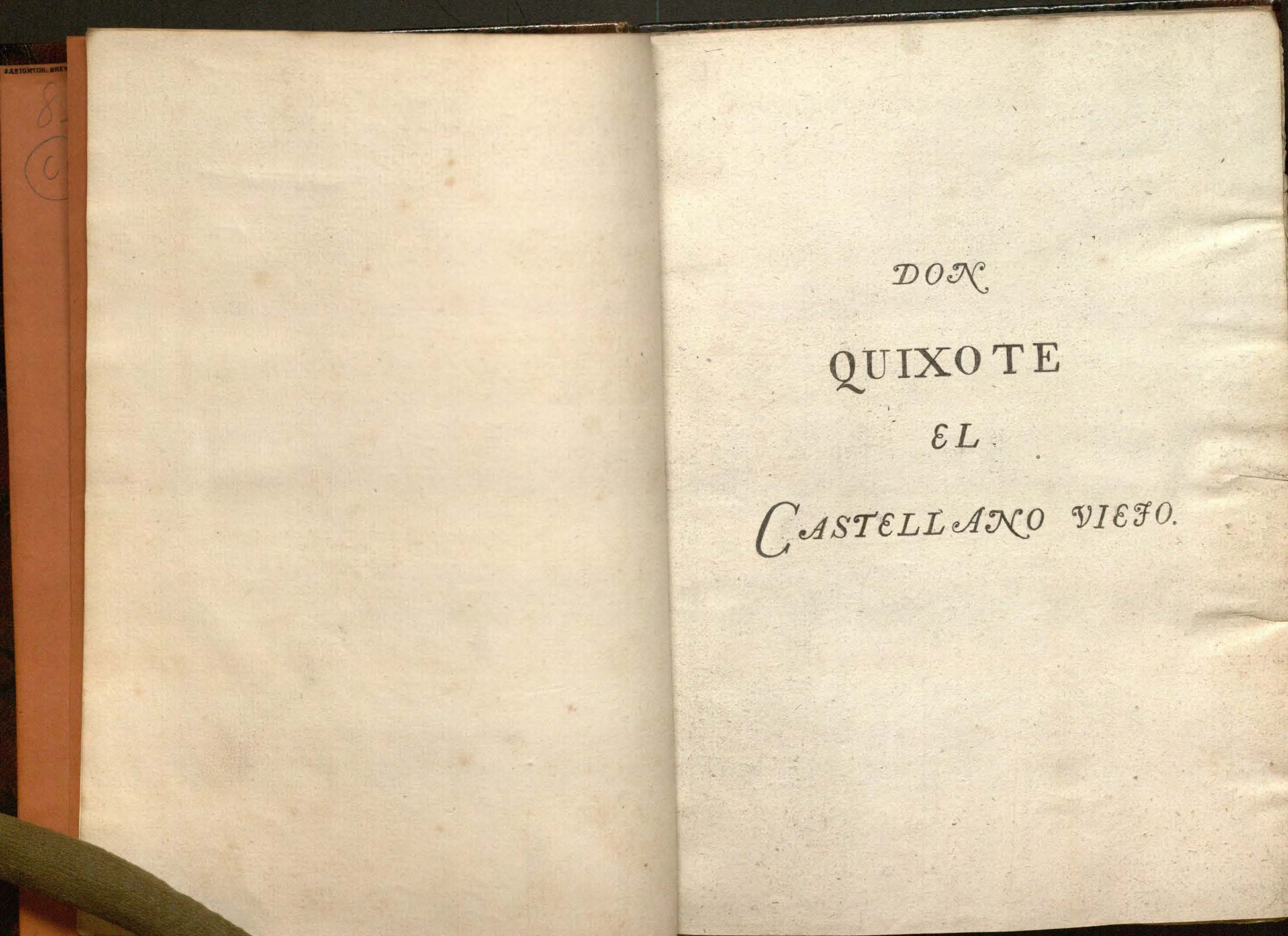 Image of the title page (in a different hand?) giving the title, Don Quixote, el Castellano viejo