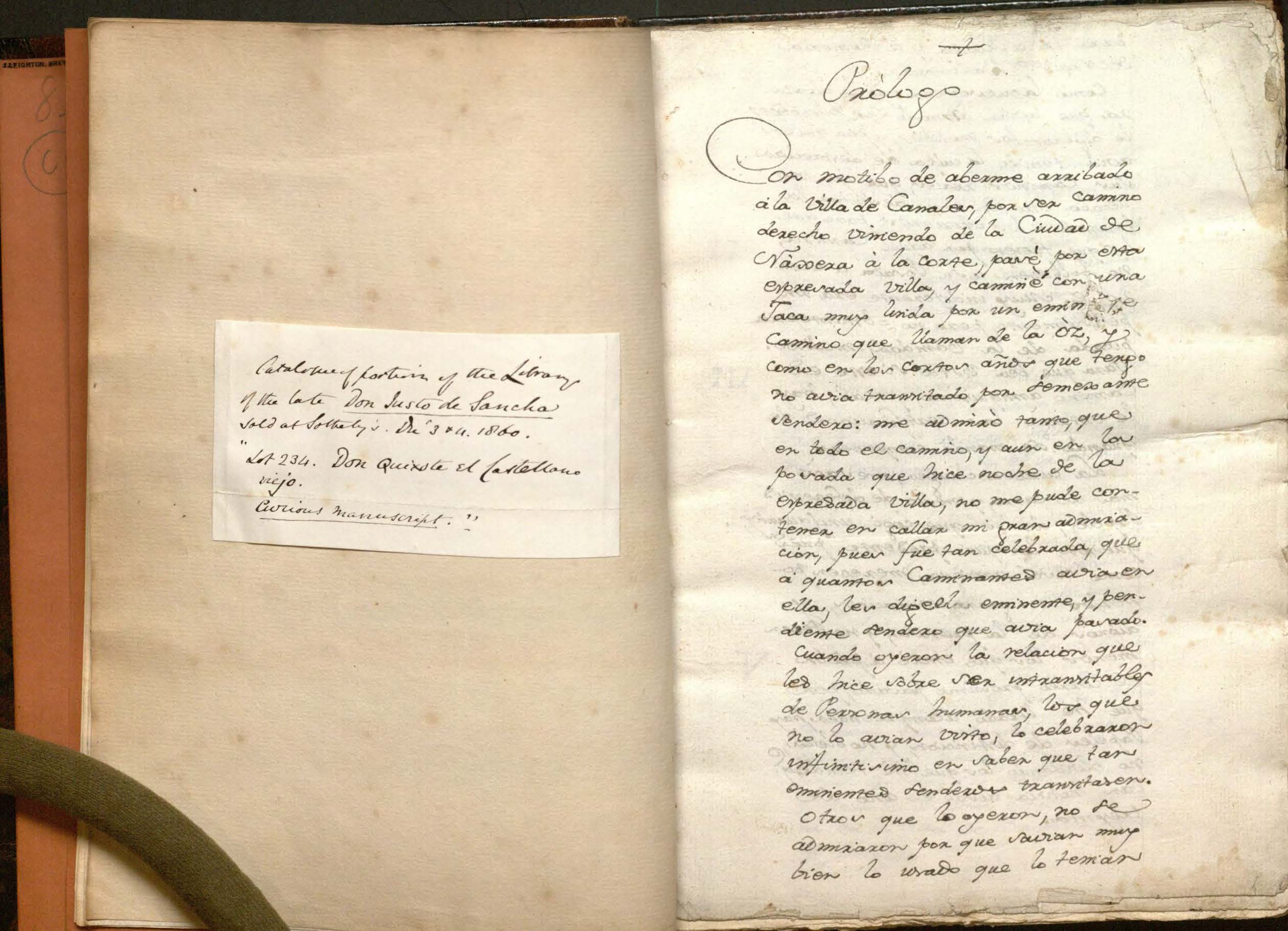 Image of prologue with pasted in provenance note for Don Quixote, el Castellano viejo.