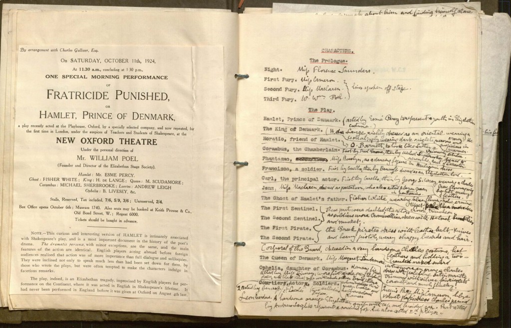 Picture of Poel's Fratricide Punished Prompt book, open to the list of characters and a pasted in print announcement.
