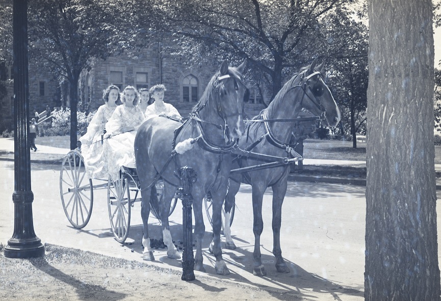 Photograph of a group of women showing off the horse-drawn carriages and hitching posts used for the celebration.