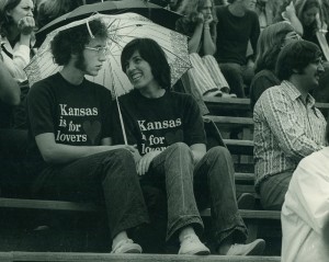 Photograph of two KU football fans, 1973