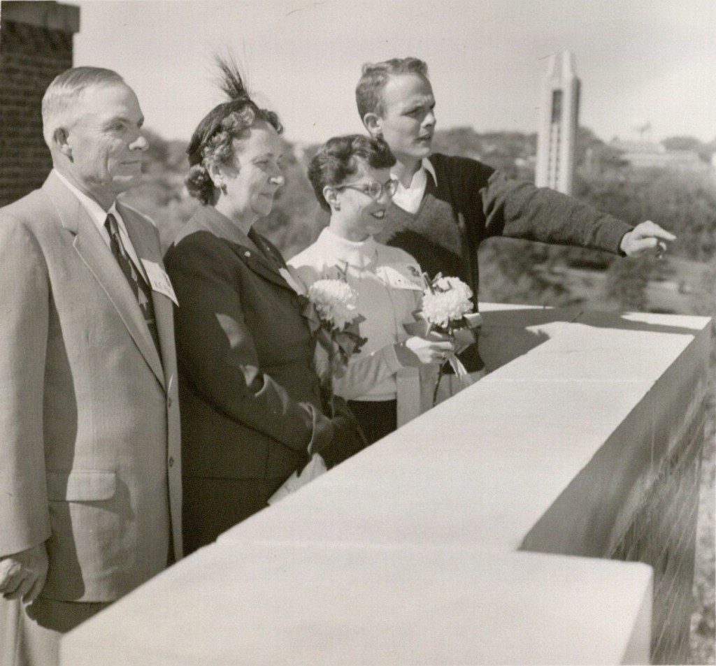 Photograph of a KU student with his family on Parent's Day, 1955