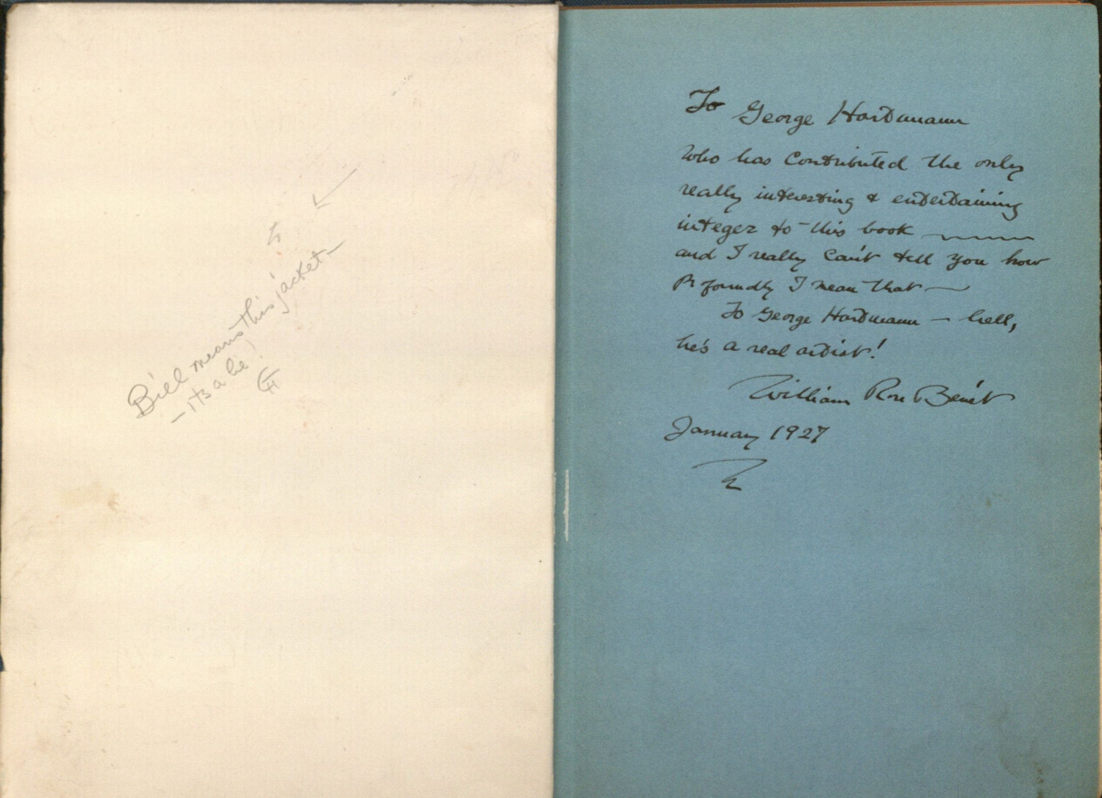 Inscriptions by Hartmann (left) and Benet (right)  in William Rose Benet's Wild Goslings (1927)
