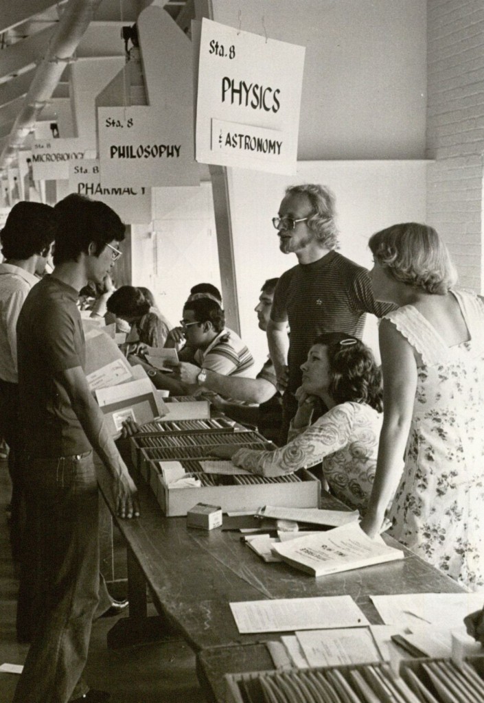 Photograph of Class Card stations in Allen Fieldhouse, 1976