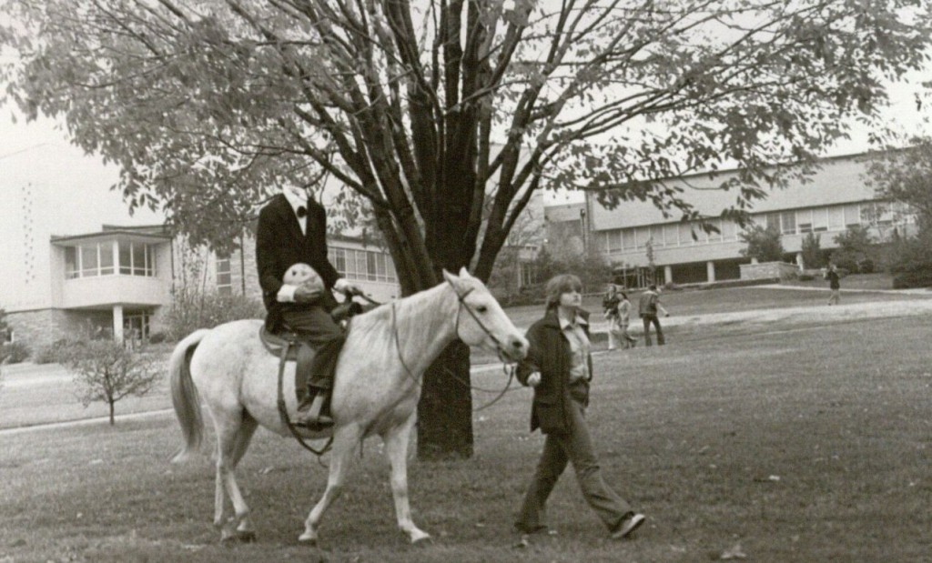 Photograph of the headless horseman on campus, Halloween 1976