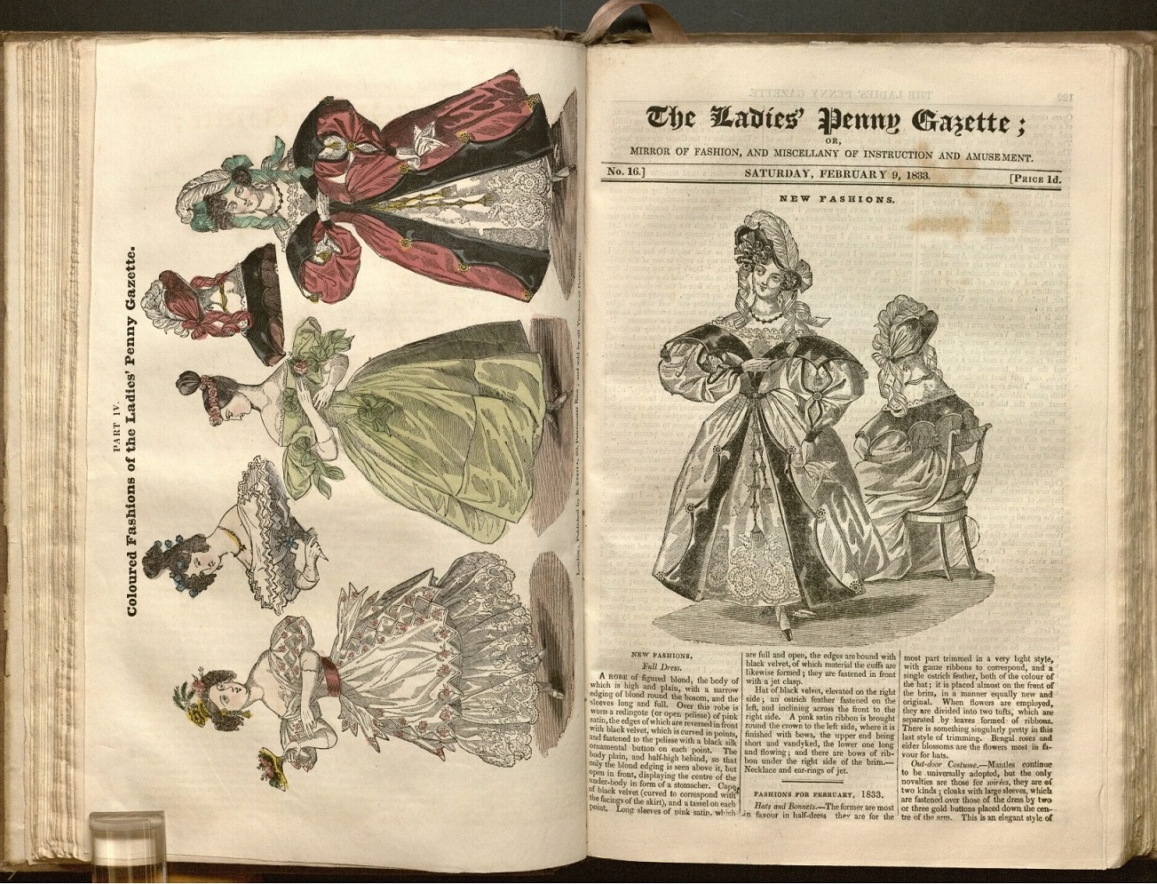 Image of coloured fashion sheet and first page of The Ladies’ Penny Gazette (1833)