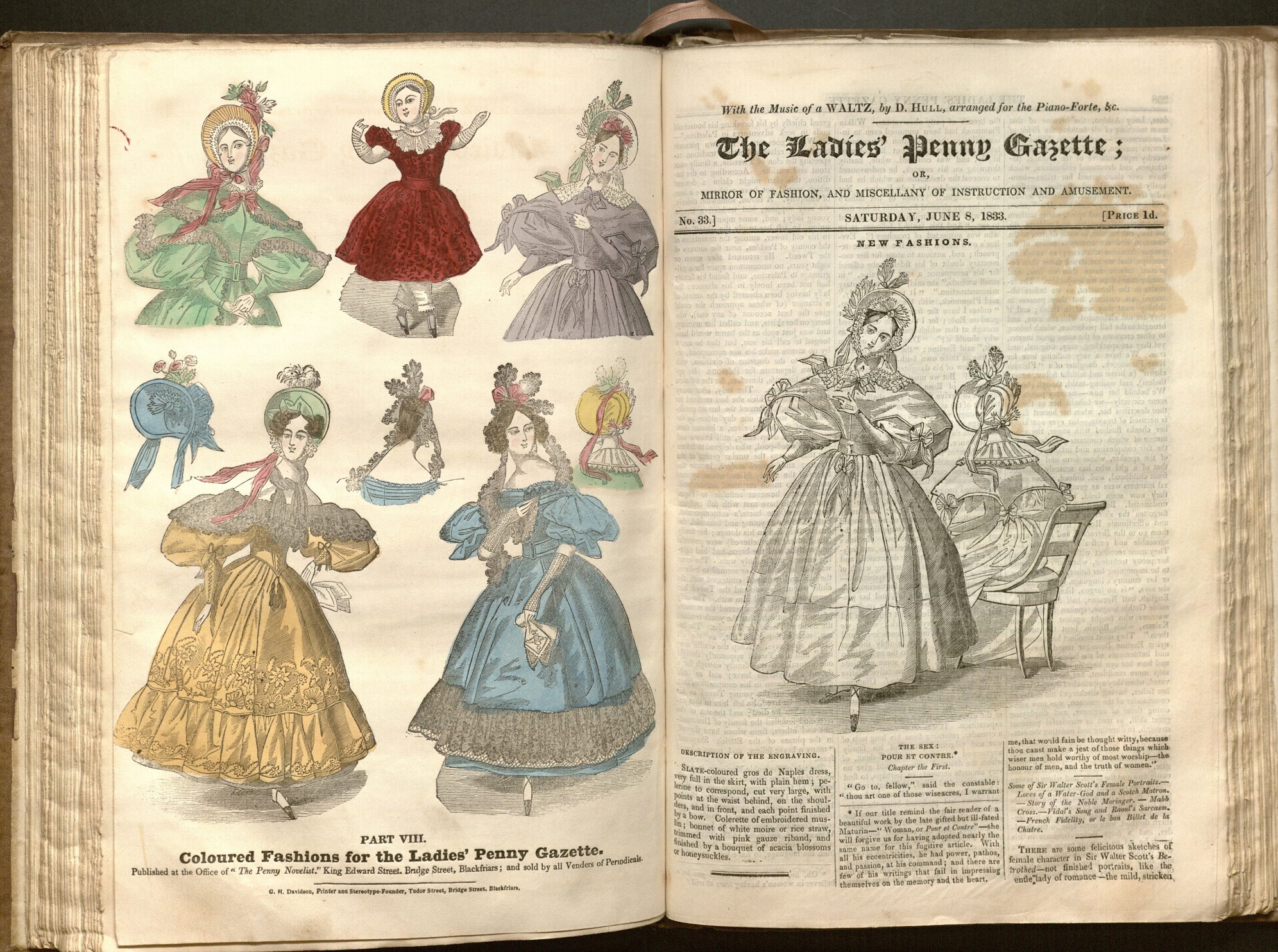 Image of coloured fashion sheet and first page of The Ladies’ Penny Gazette (June 8, 1833)